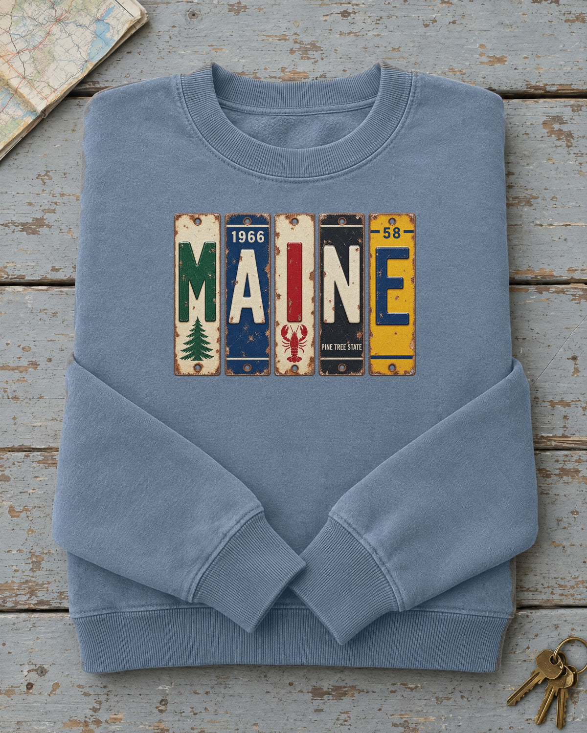 Maine vintage license plate sweatshirt in Blue Jean