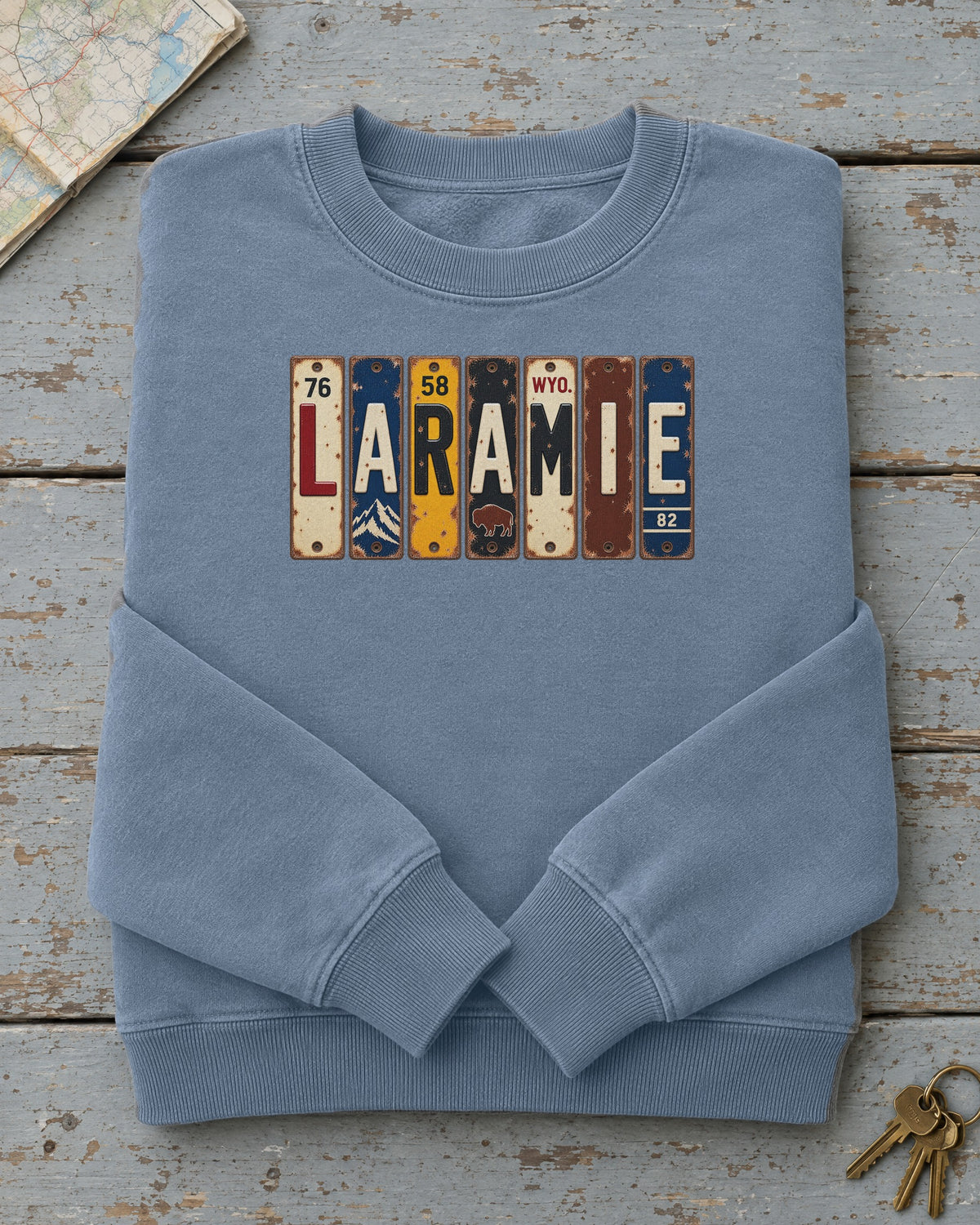 Laramie, Wyoming vintage license plate sweatshirt in Blue Jean