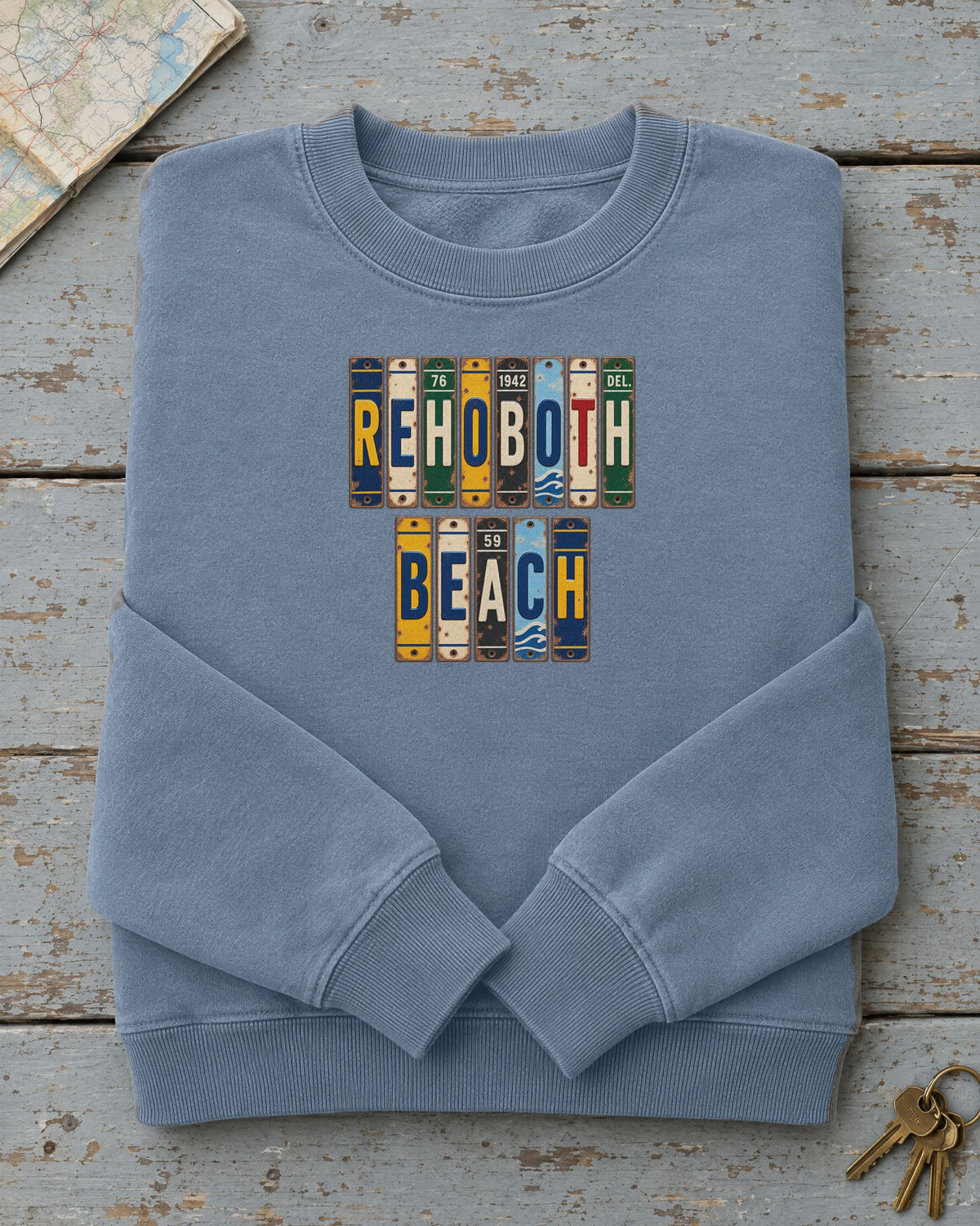 Rehoboth Beach, Delaware vintage license plate sweatshirt in Blue Jean