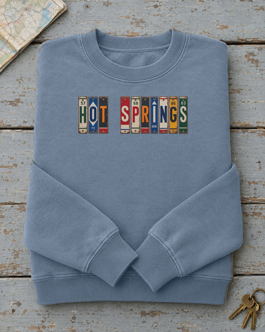 Hot Springs, Arkansas vintage license plate sweatshirt in Blue Jean