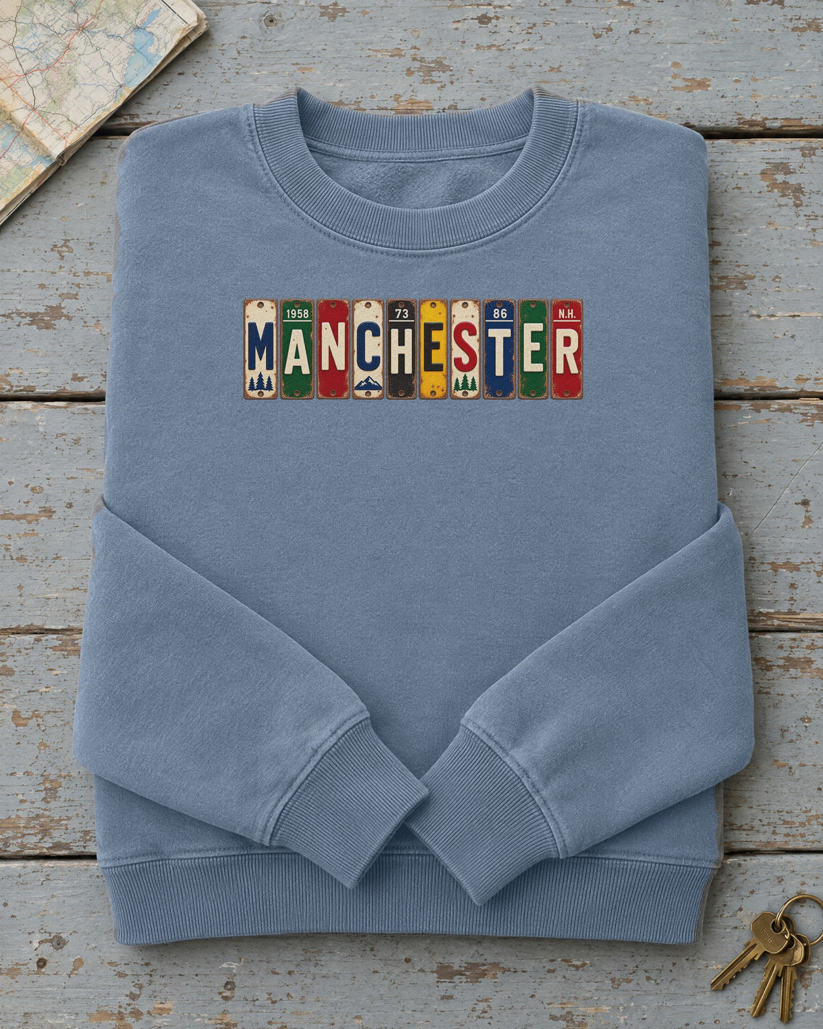 Manchester, New Hampshire vintage license plate sweatshirt in Blue Jean