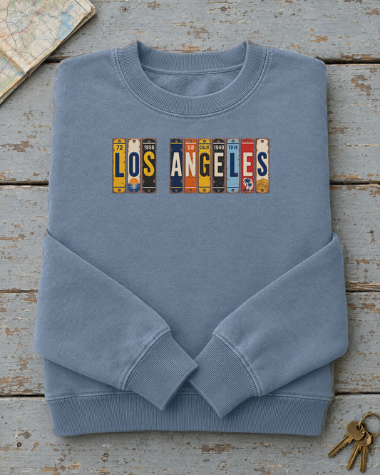 Los Angeles, California vintage license plate sweatshirt in Blue Jean