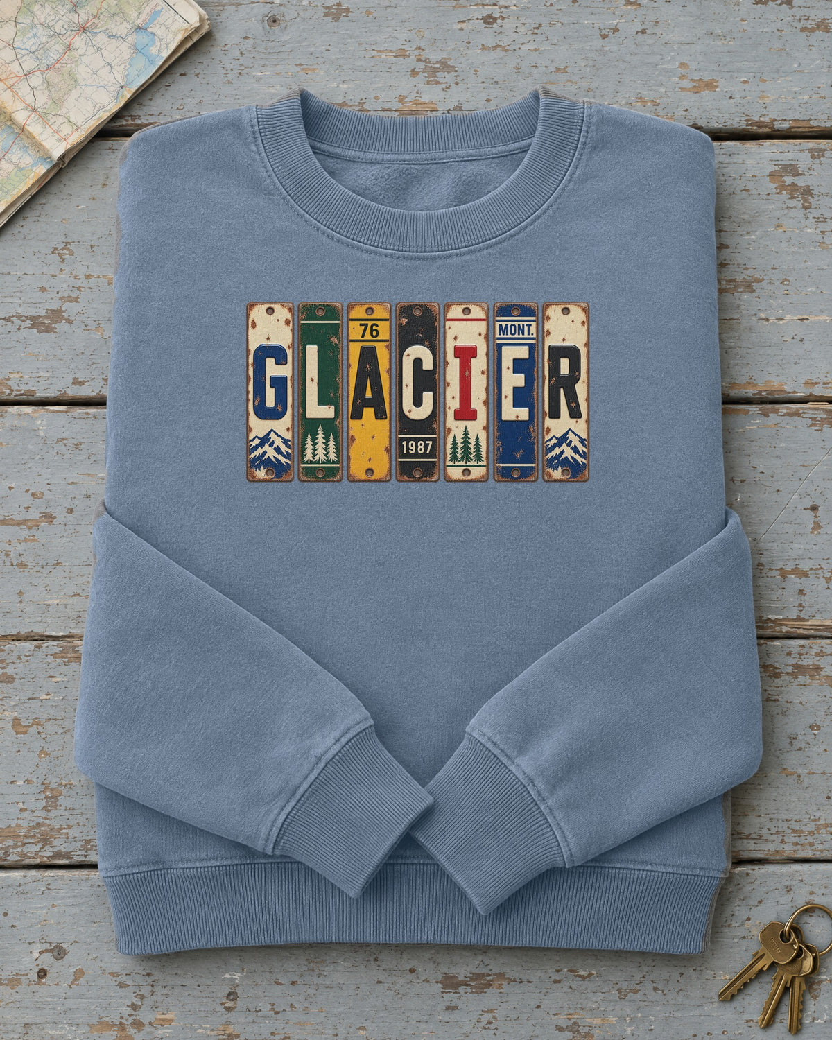 Glacier, Montana vintage license plate sweatshirt in Blue Jean