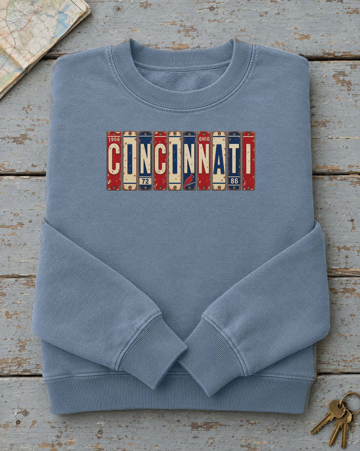 Cincinnati, Ohio vintage license plate sweatshirt in Blue Jean