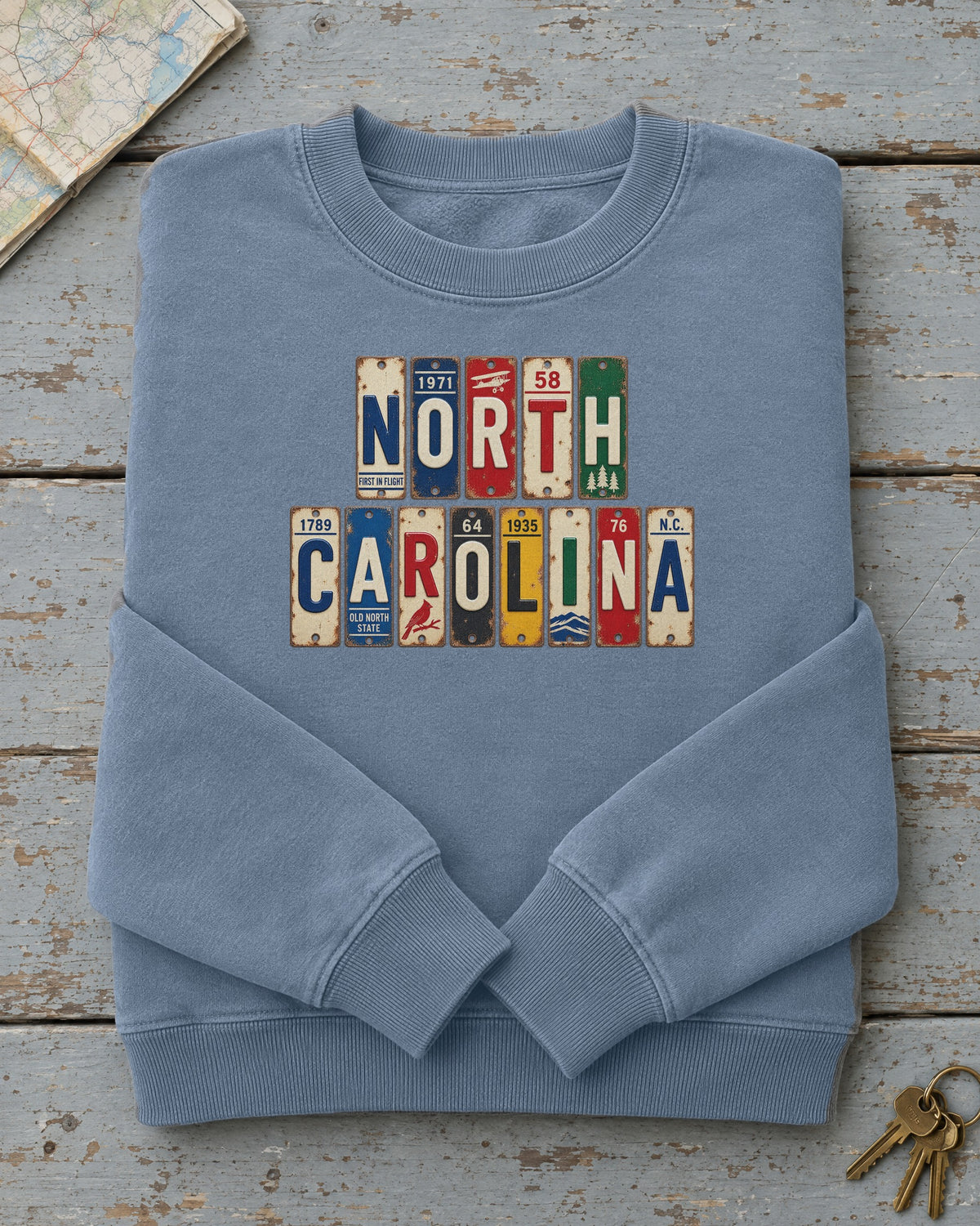 North Carolina vintage license plate sweatshirt in Blue Jean