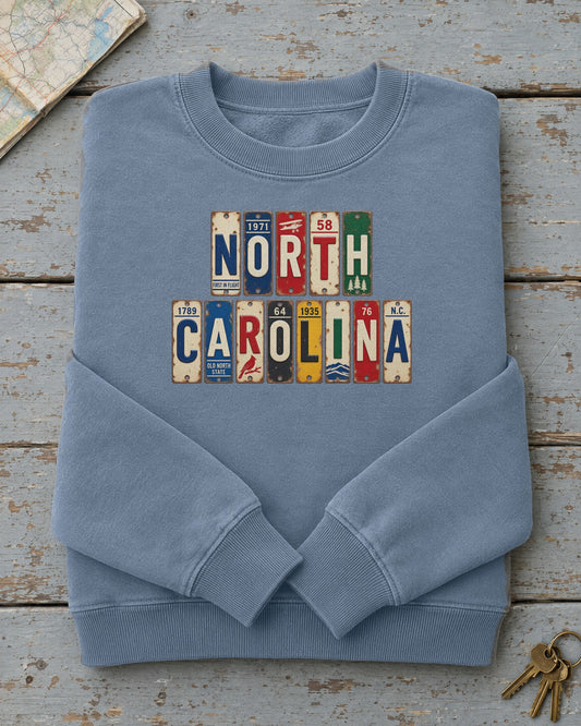 North Carolina vintage license plate sweatshirt in Blue Jean