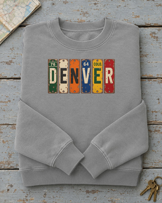Denver, Colorado vintage license plate sweatshirt in Grey