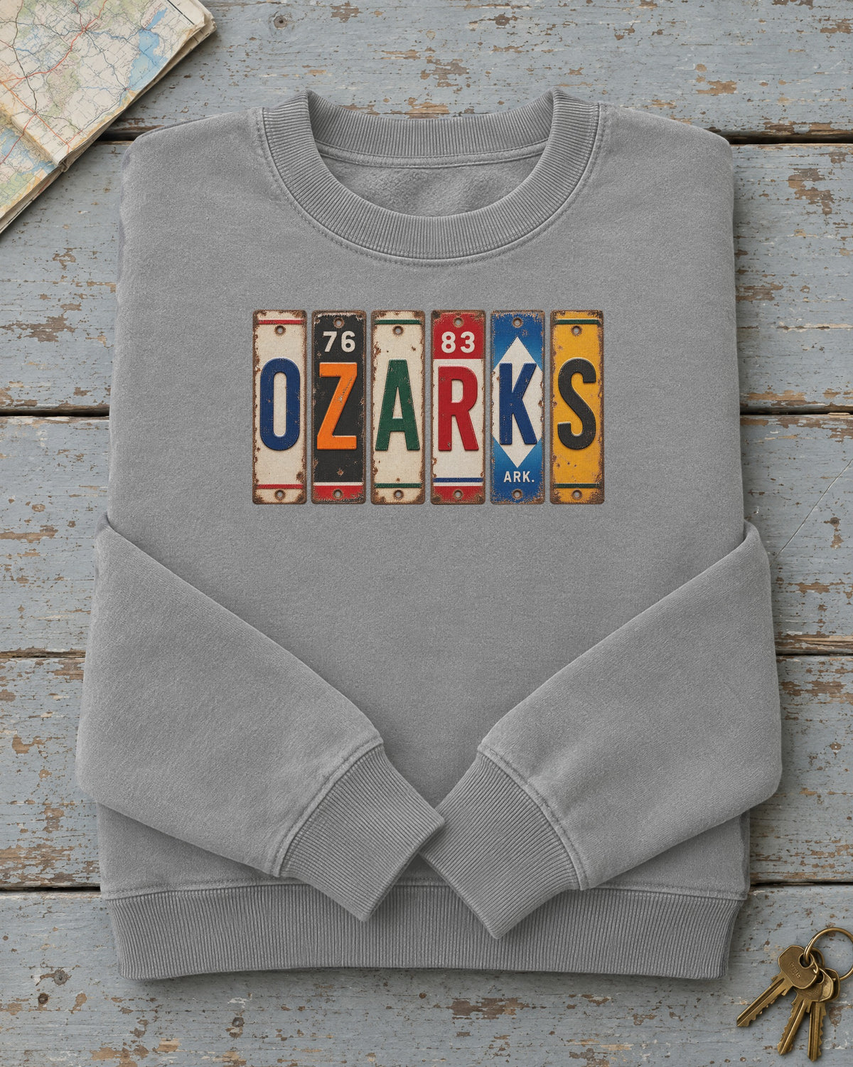 Ozarks, Arkansas vintage license plate sweatshirt in Grey