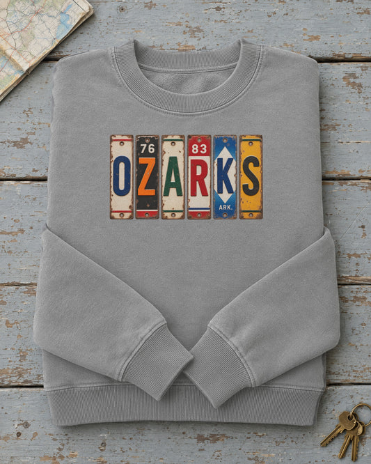 Ozarks, Arkansas vintage license plate sweatshirt in Grey
