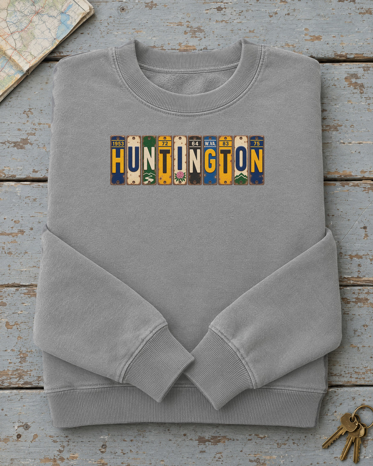 Huntington, West Virginia vintage license plate sweatshirt in Grey