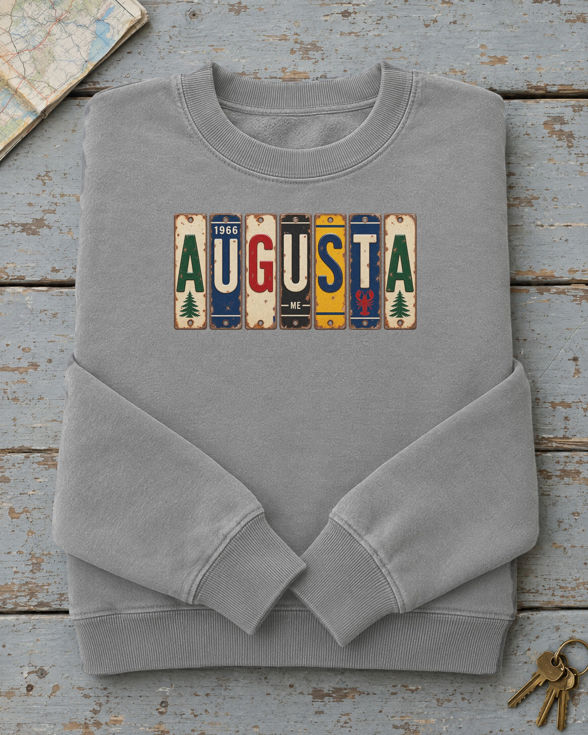 Augusta, Maine vintage license plate sweatshirt in Grey