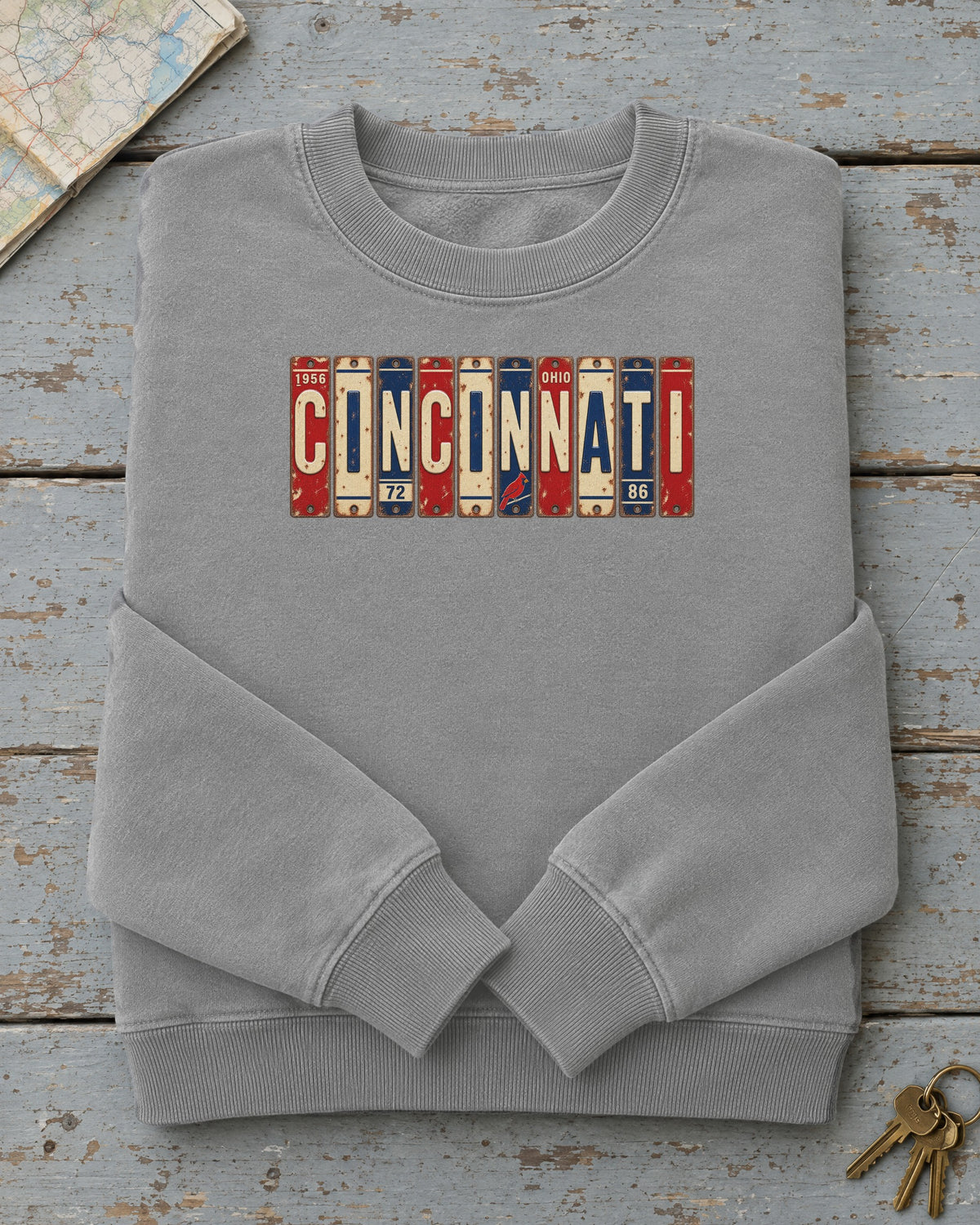 Cincinnati, Ohio vintage license plate sweatshirt in Grey