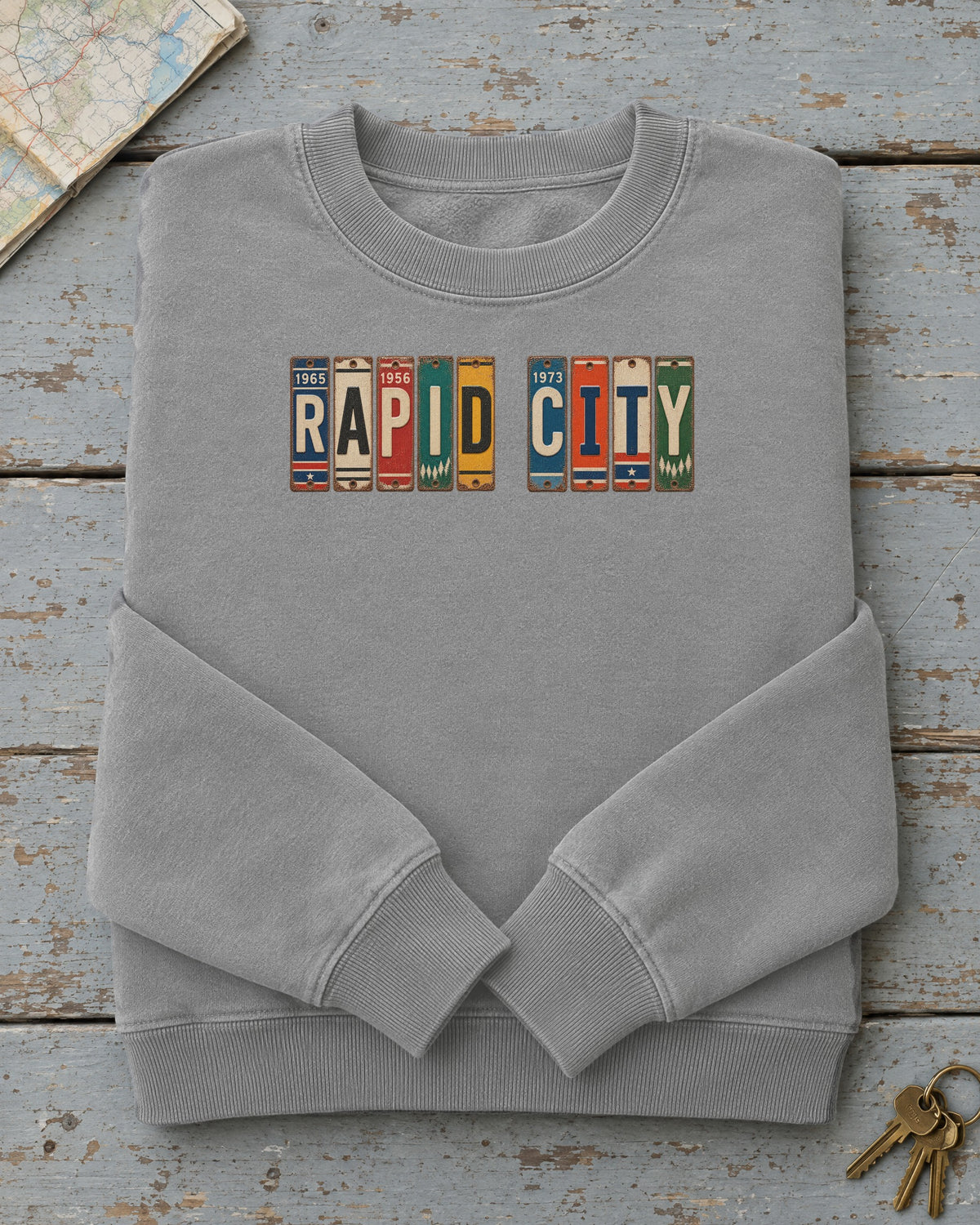 Rapid City, South Dakota vintage license plate sweatshirt in Grey