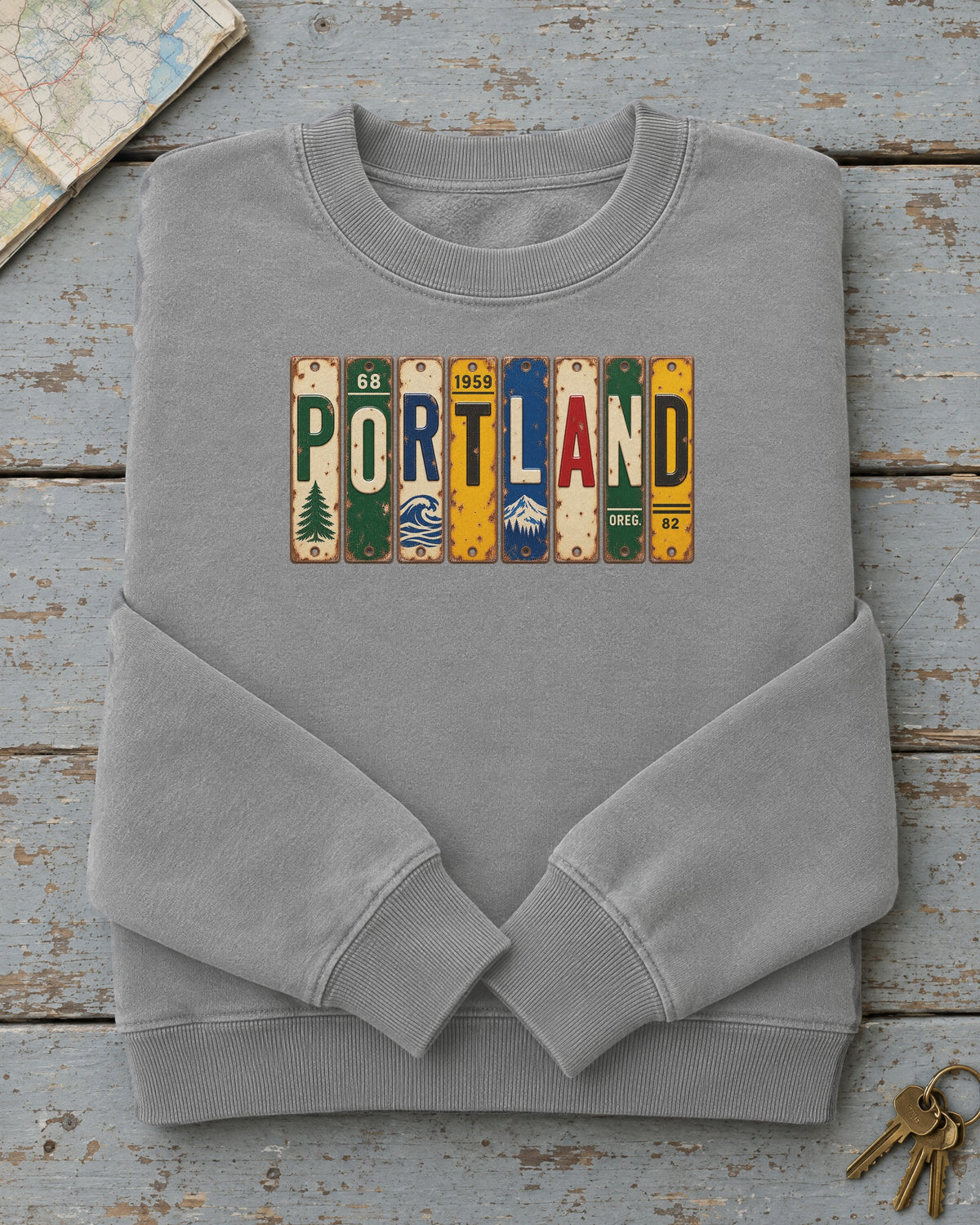 Portland, Oregon vintage license plate sweatshirt in Grey