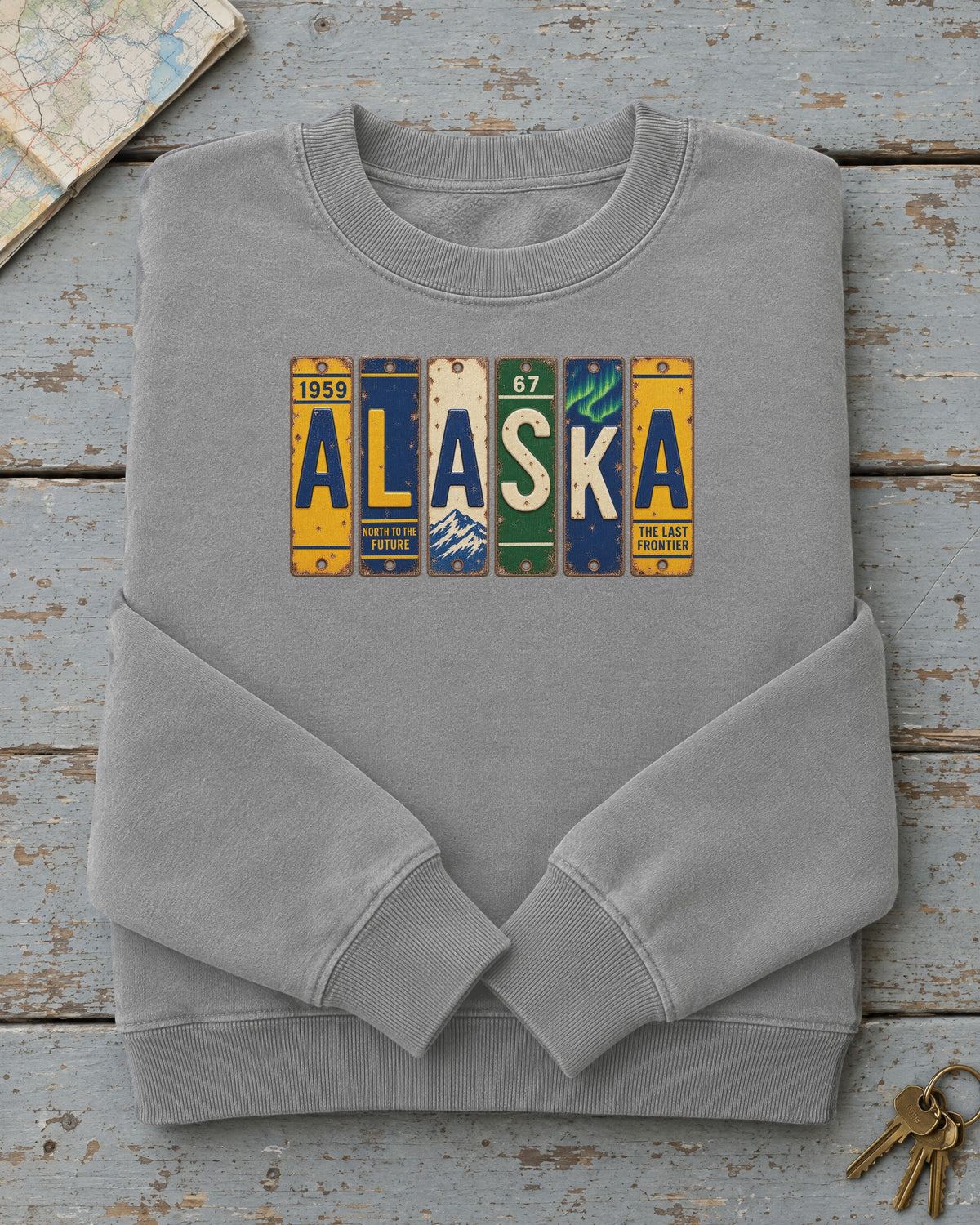 Alaska vintage license plate sweatshirt in Grey