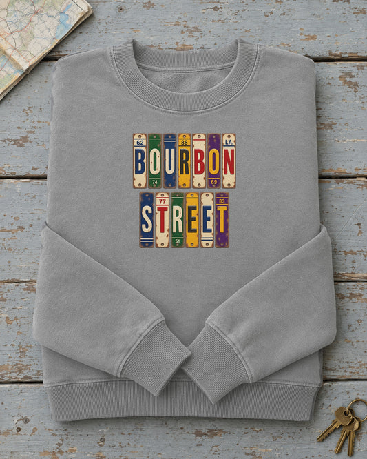 Bourbon Street, Louisiana vintage license plate sweatshirt in Grey