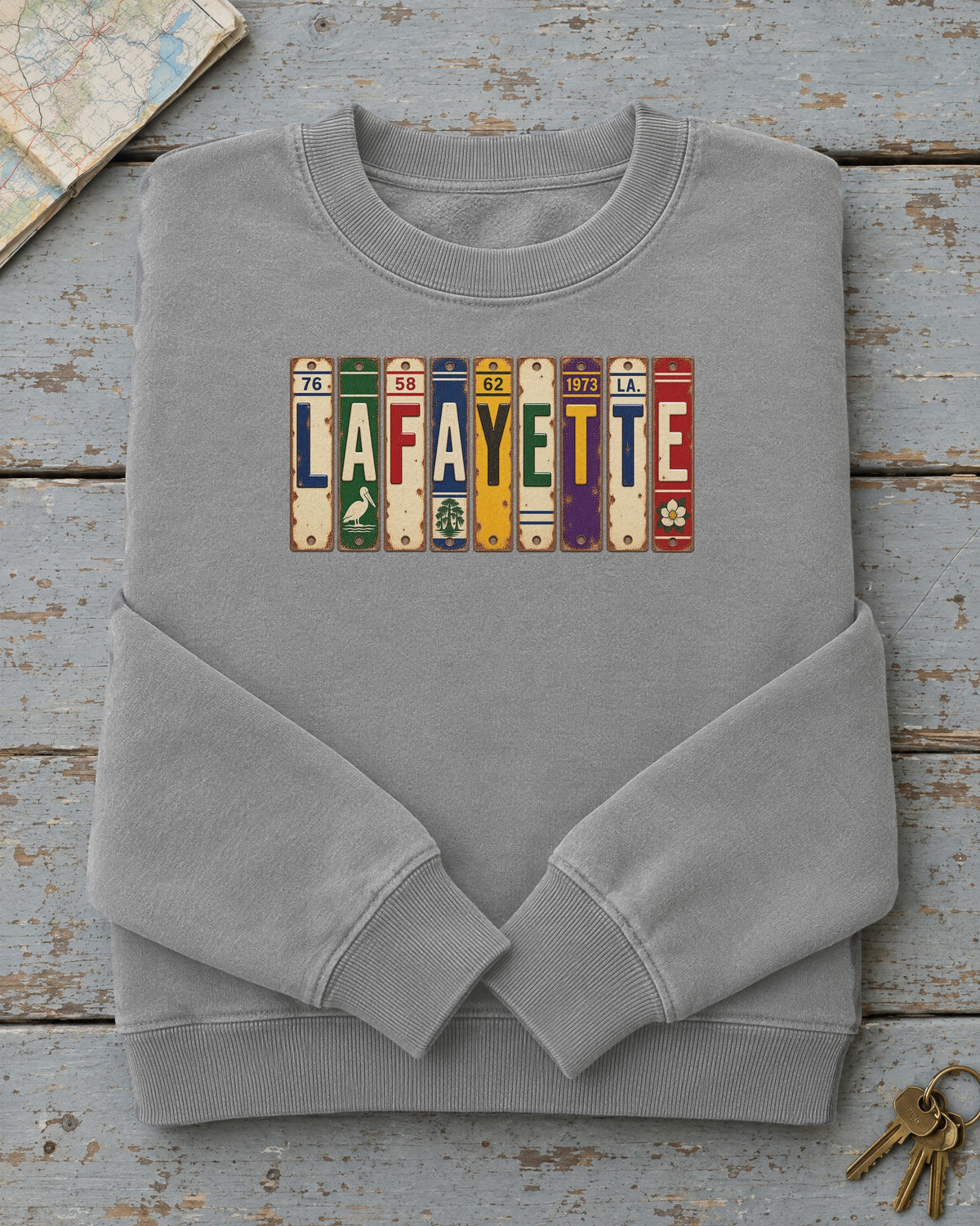 Lafayette, Louisiana vintage license plate sweatshirt in Grey