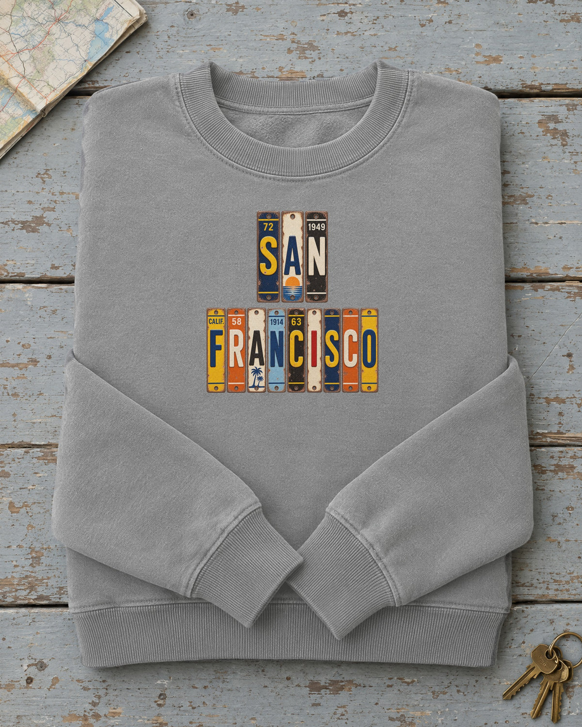 San Francisco, California vintage license plate sweatshirt in Grey