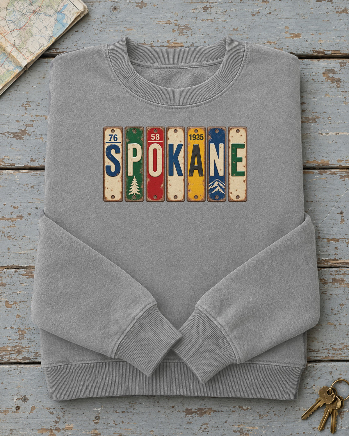 Spokane, Washington vintage license plate sweatshirt in Grey