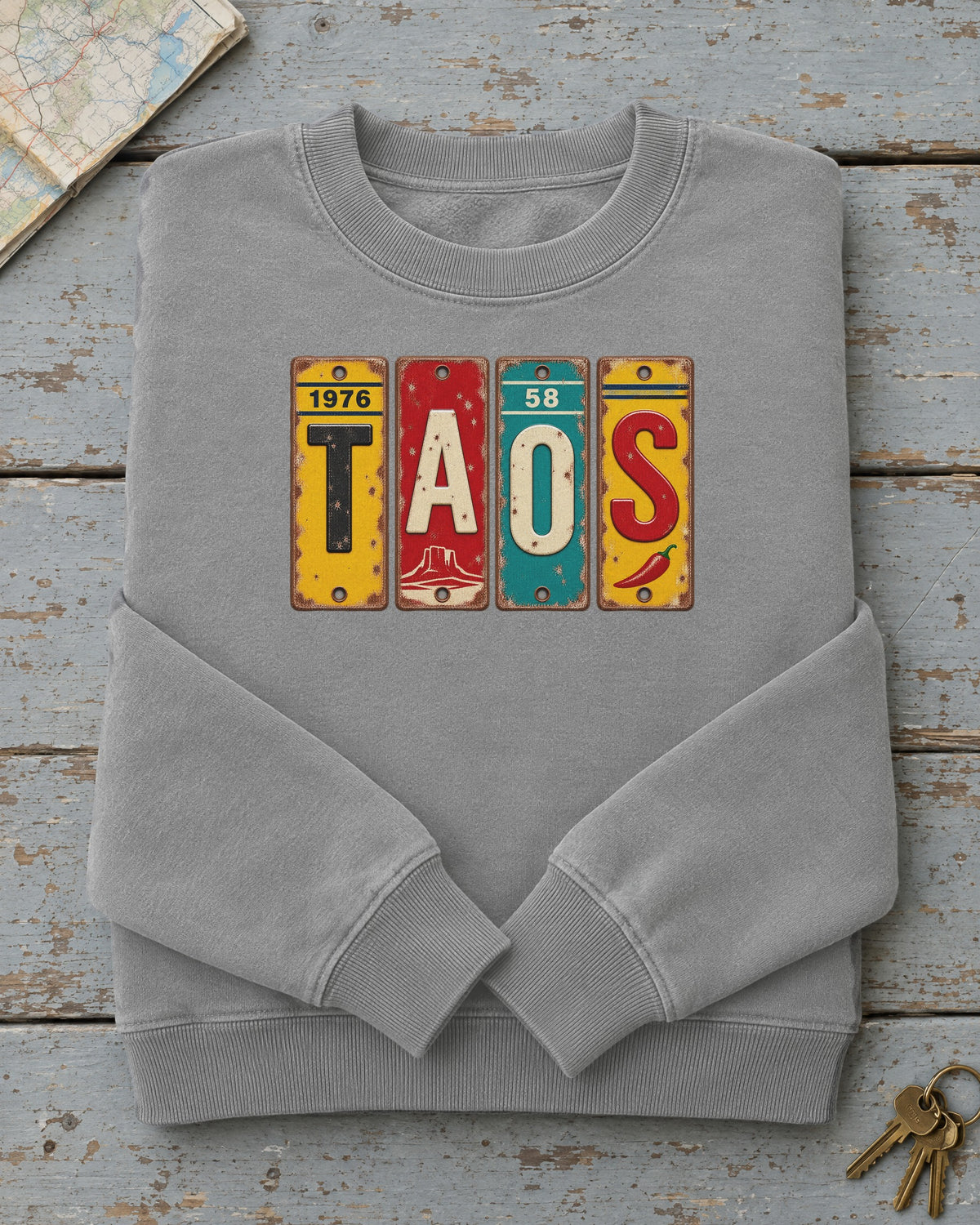 Taos, New Mexico vintage license plate sweatshirt in Grey