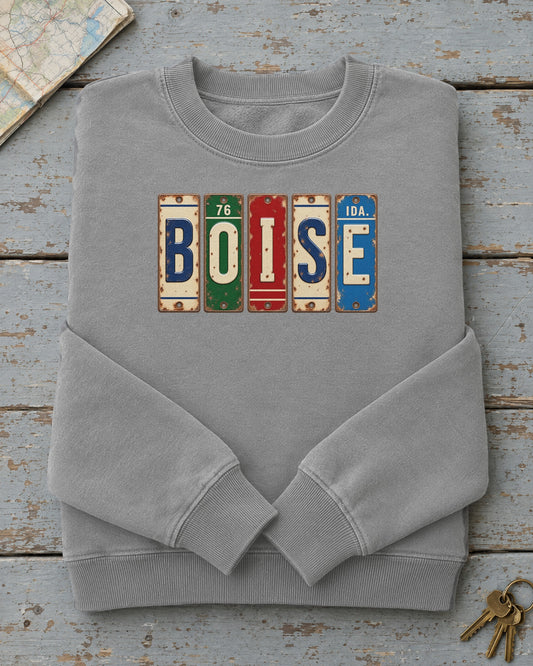 Boise, Idaho vintage license plate sweatshirt in Grey