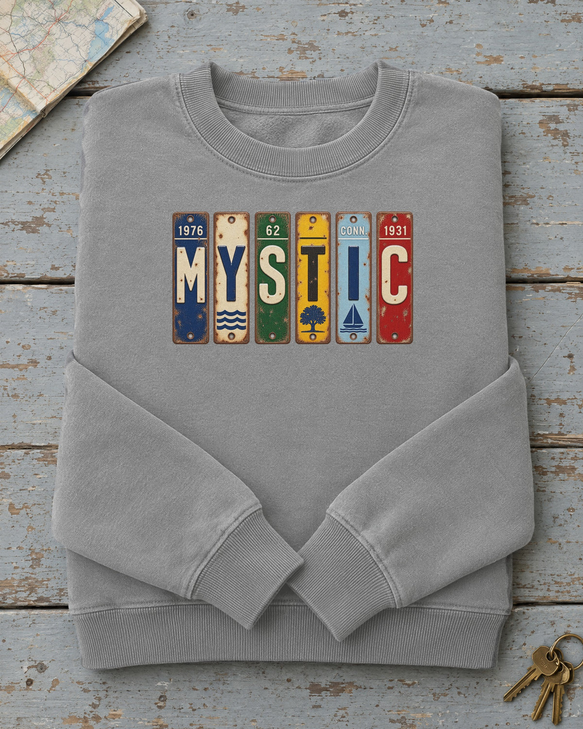 Mystic, Connecticut vintage license plate sweatshirt in Grey