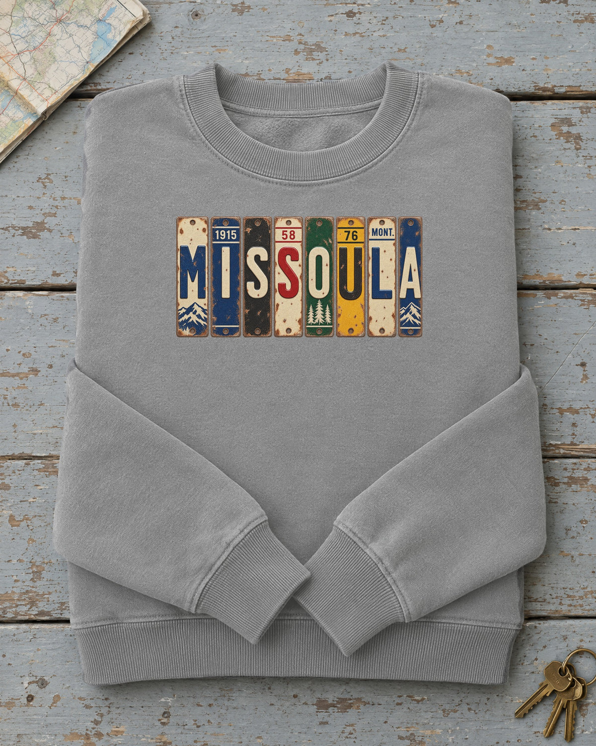 Missoula, Montana vintage license plate sweatshirt in Grey