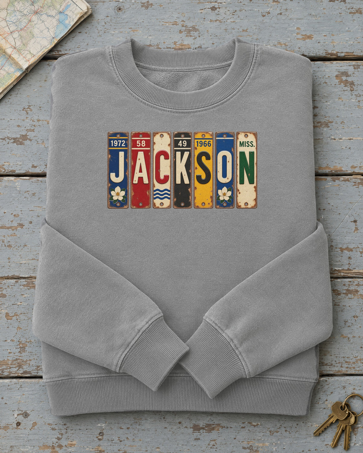 Jackson, Mississippi vintage license plate sweatshirt in Grey