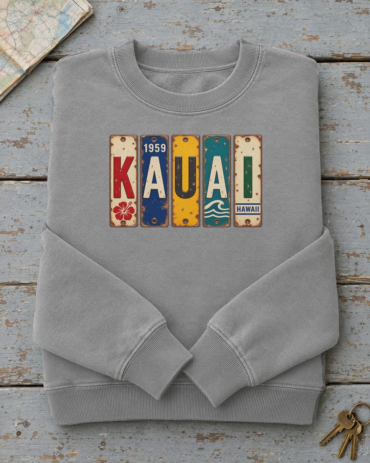 Kauai, Hawaii vintage license plate sweatshirt in Grey
