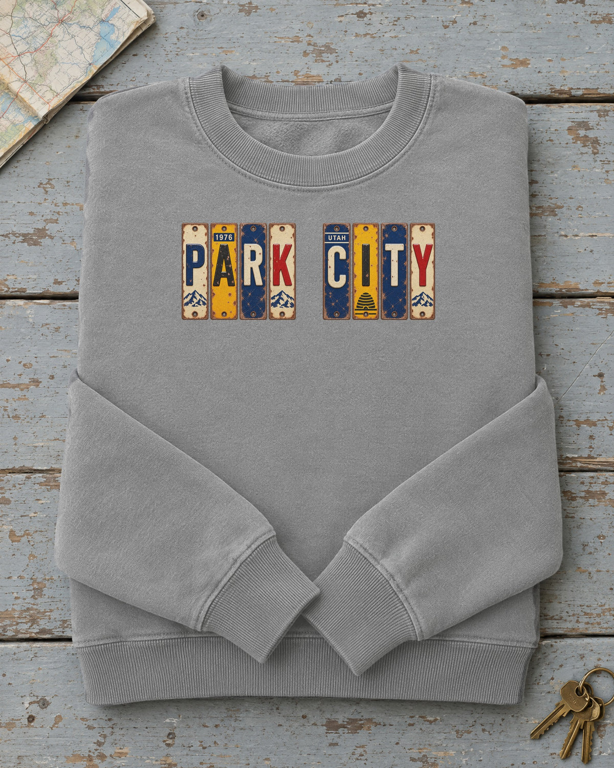 Park City, Utah vintage license plate sweatshirt in Grey