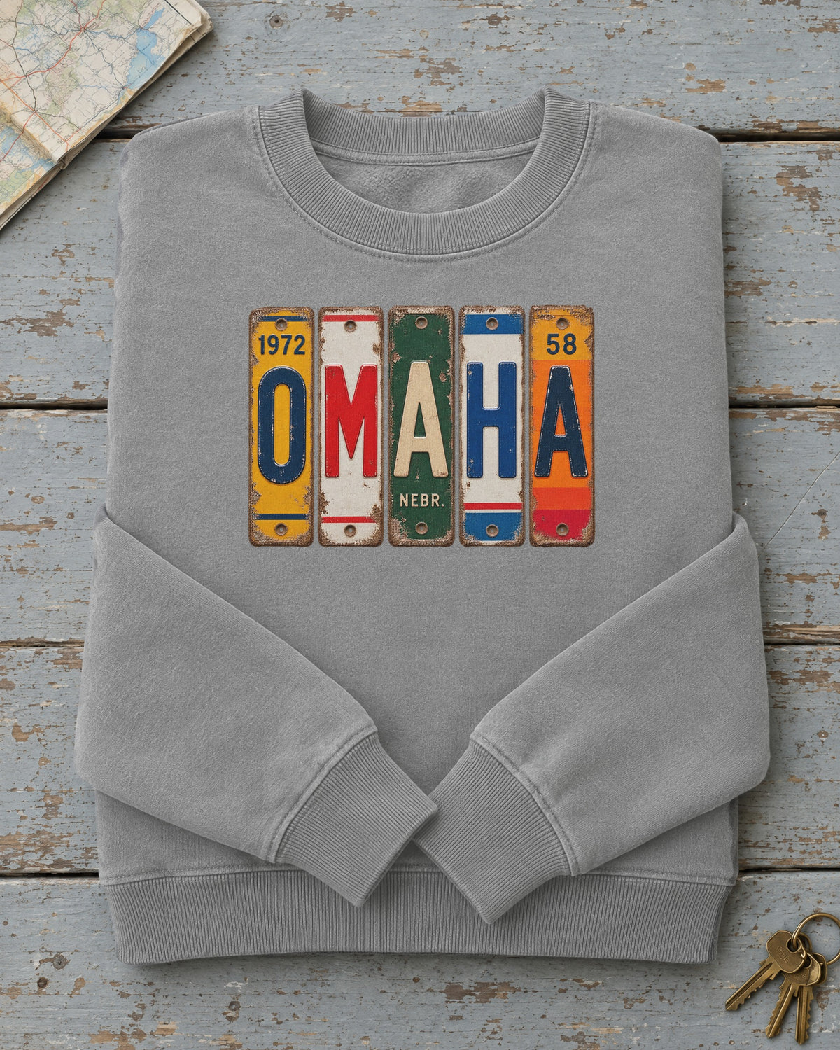 Omaha, Nebraska vintage license plate sweatshirt in Grey
