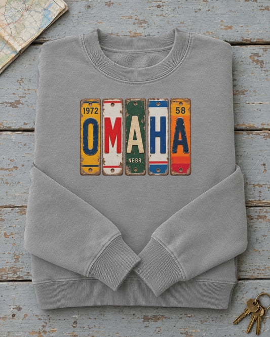 Omaha, Nebraska vintage license plate sweatshirt in Grey