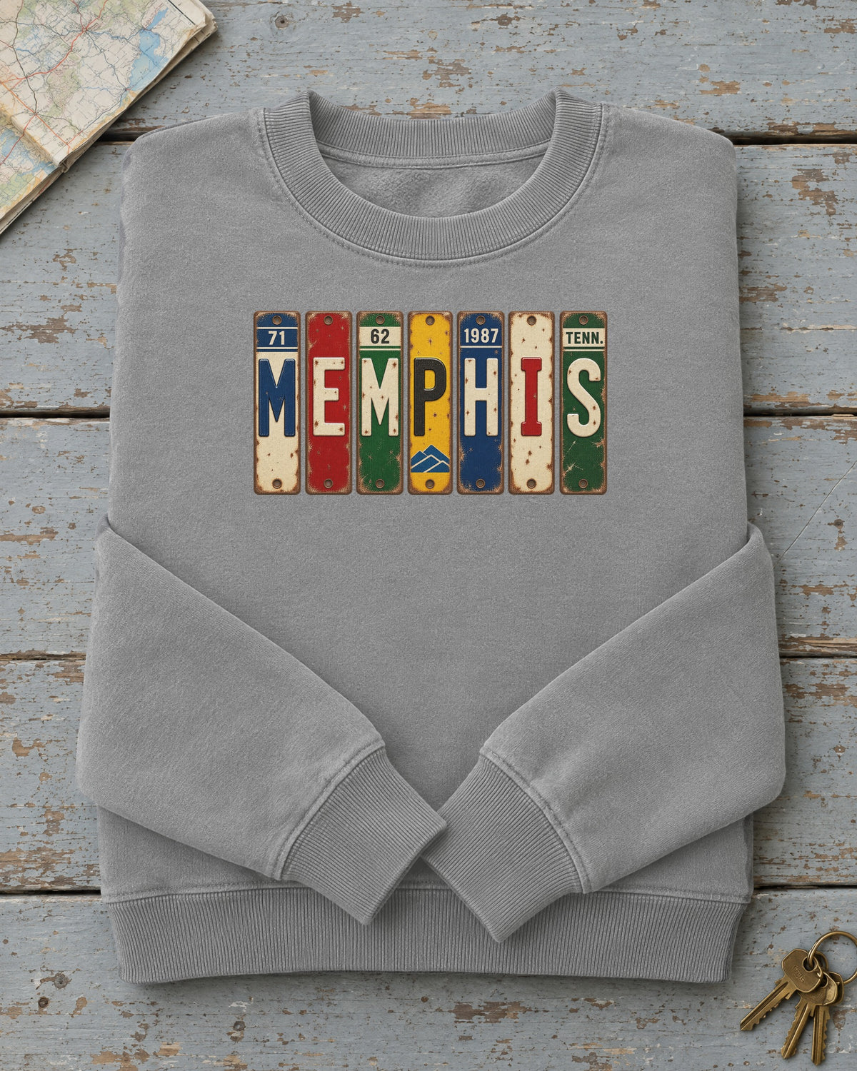 Memphis, Tennessee vintage license plate sweatshirt in Grey