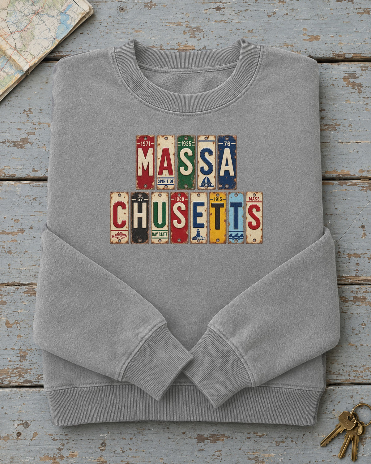 Massachusetts vintage license plate sweatshirt in Grey