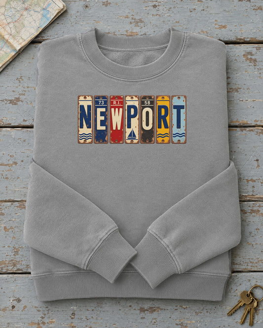 Newport, Rhode Island vintage license plate sweatshirt in Grey