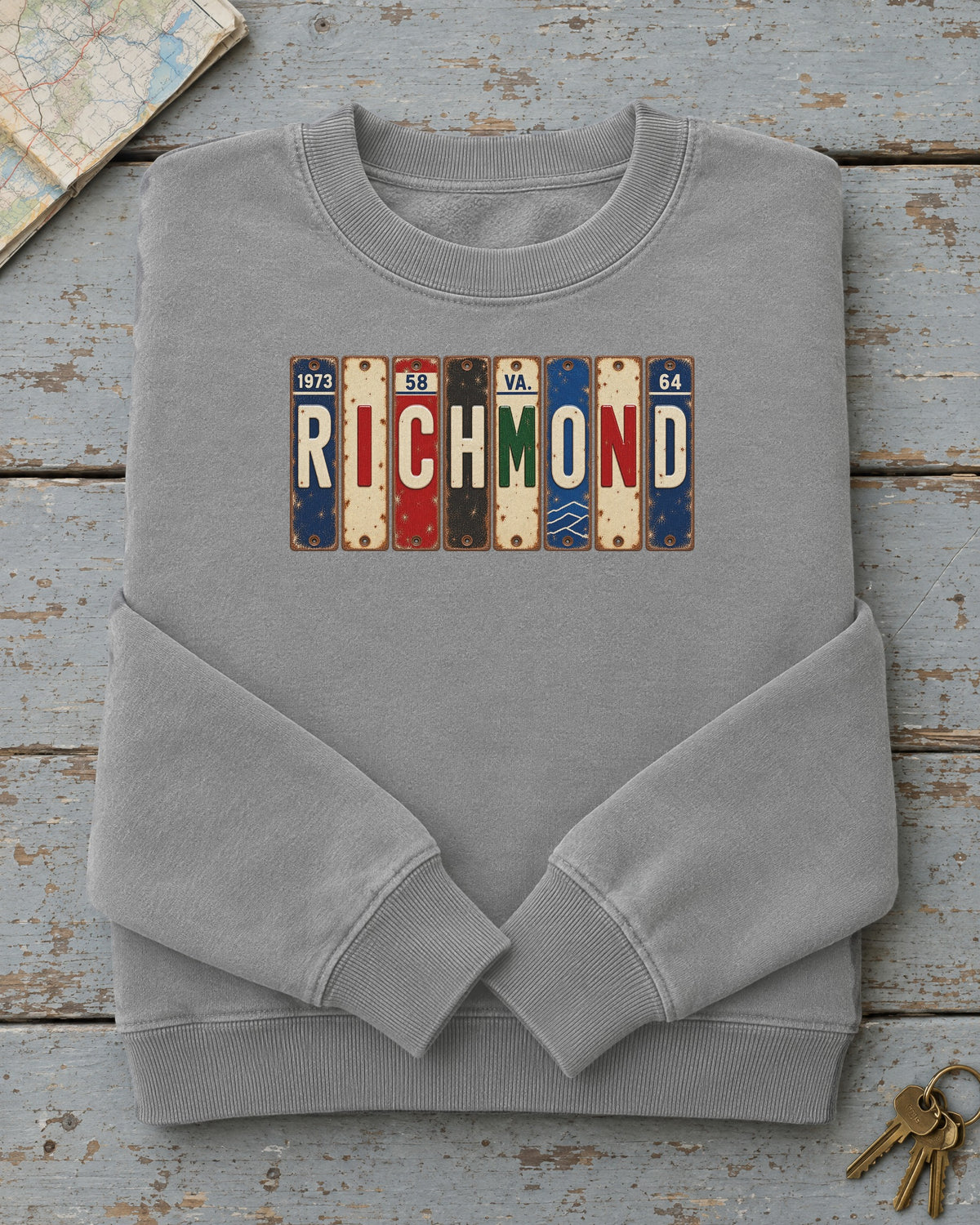 Richmond, Virginia vintage license plate sweatshirt in Grey