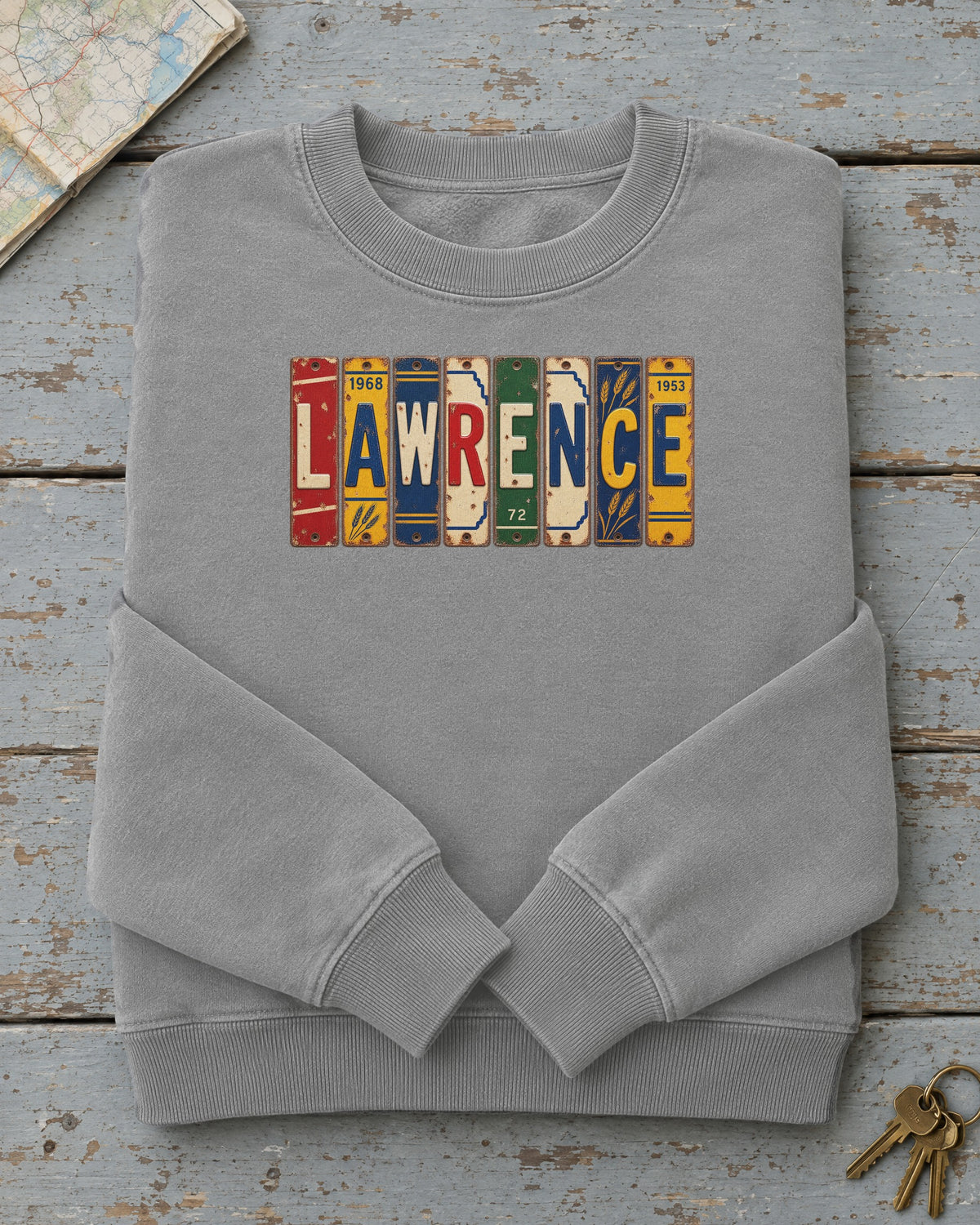Lawrence, Kansas vintage license plate sweatshirt in Grey