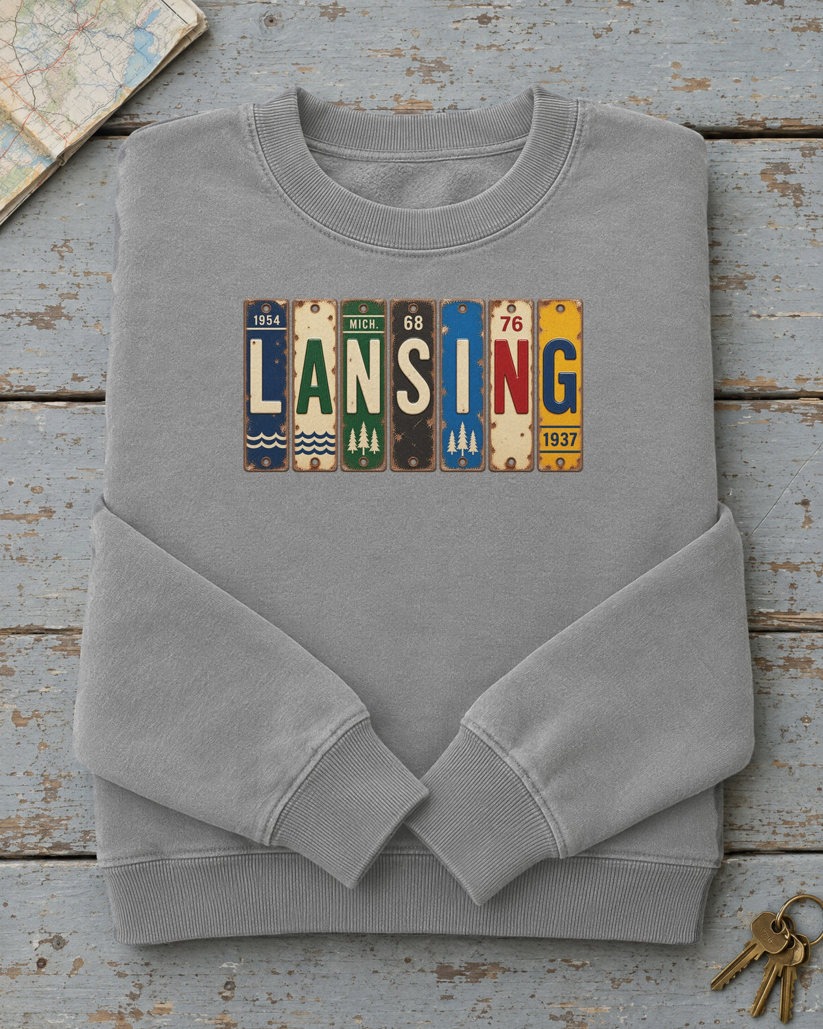 Lansing, Michigan vintage license plate sweatshirt in Grey