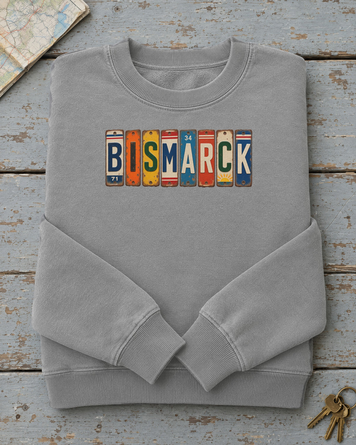Bismarck, North Dakota vintage license plate sweatshirt in Grey