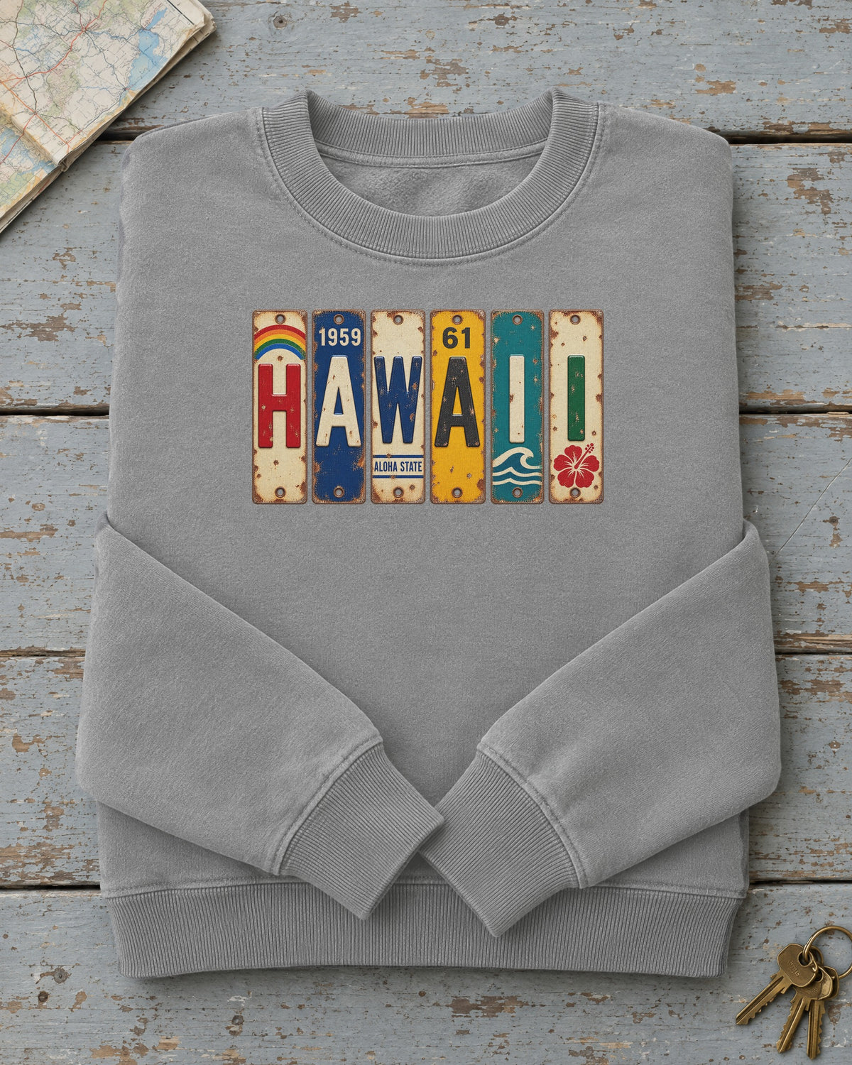 Hawaii vintage license plate sweatshirt in Grey
