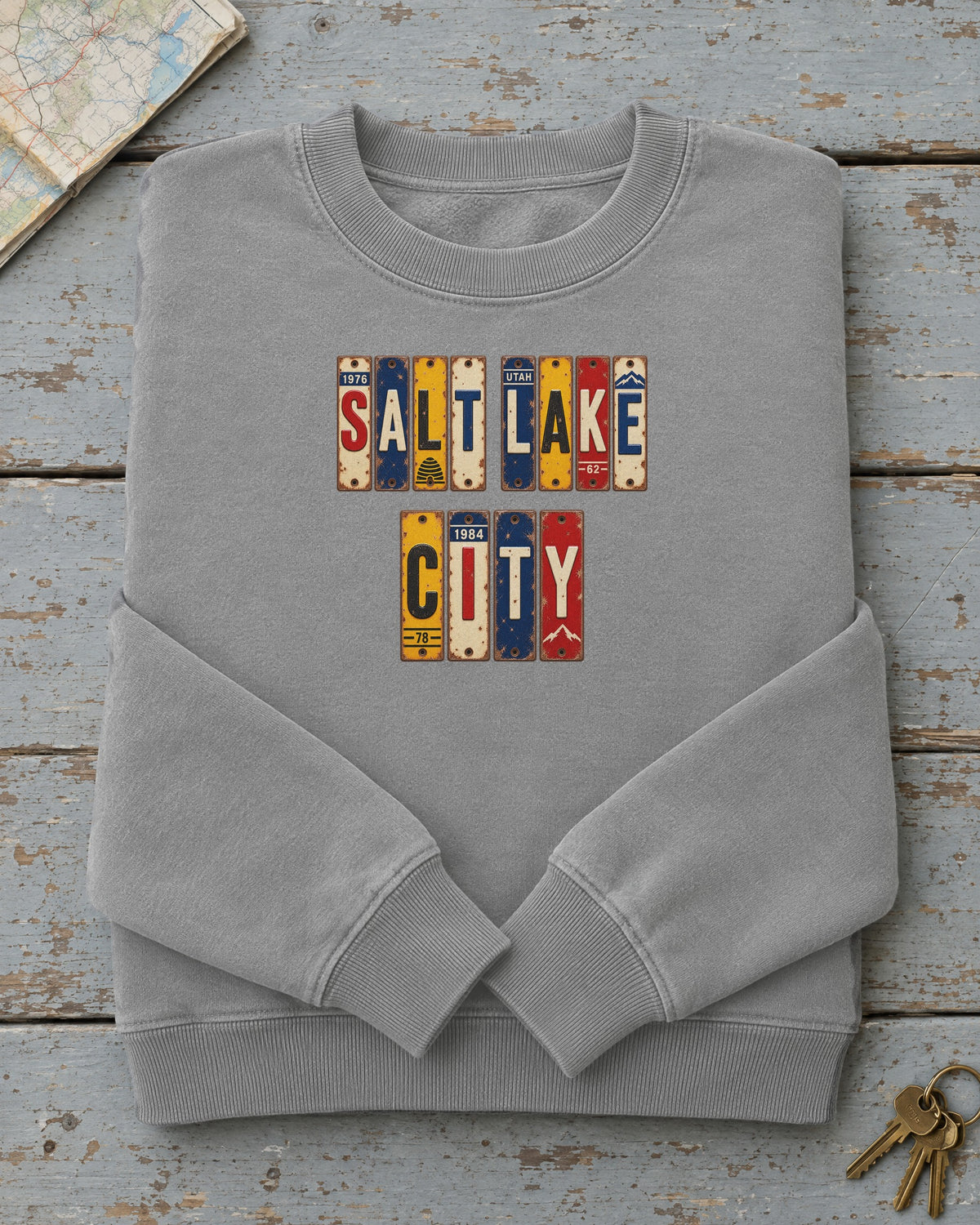 Salt Lake City, Utah vintage license plate sweatshirt in Grey
