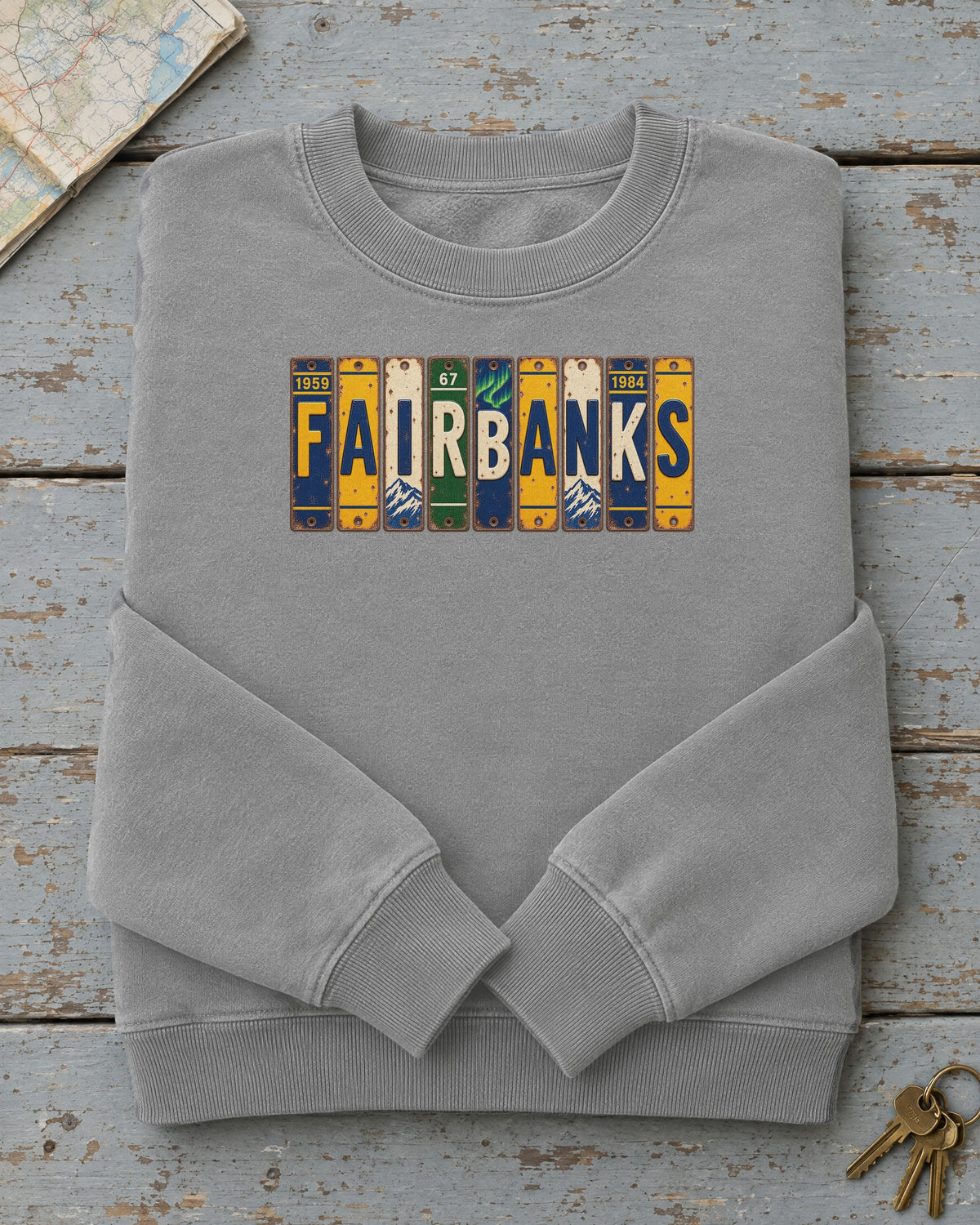 Fairbanks, Alaska vintage license plate sweatshirt in Grey