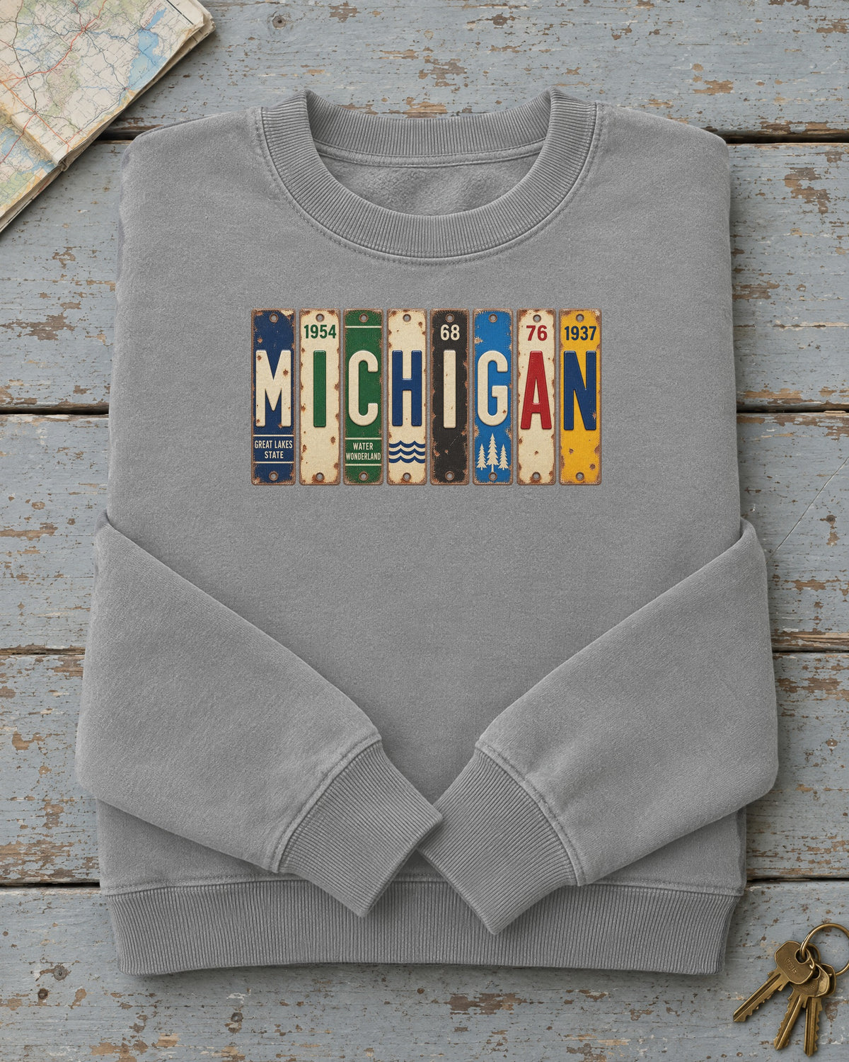Michigan vintage license plate sweatshirt in Grey