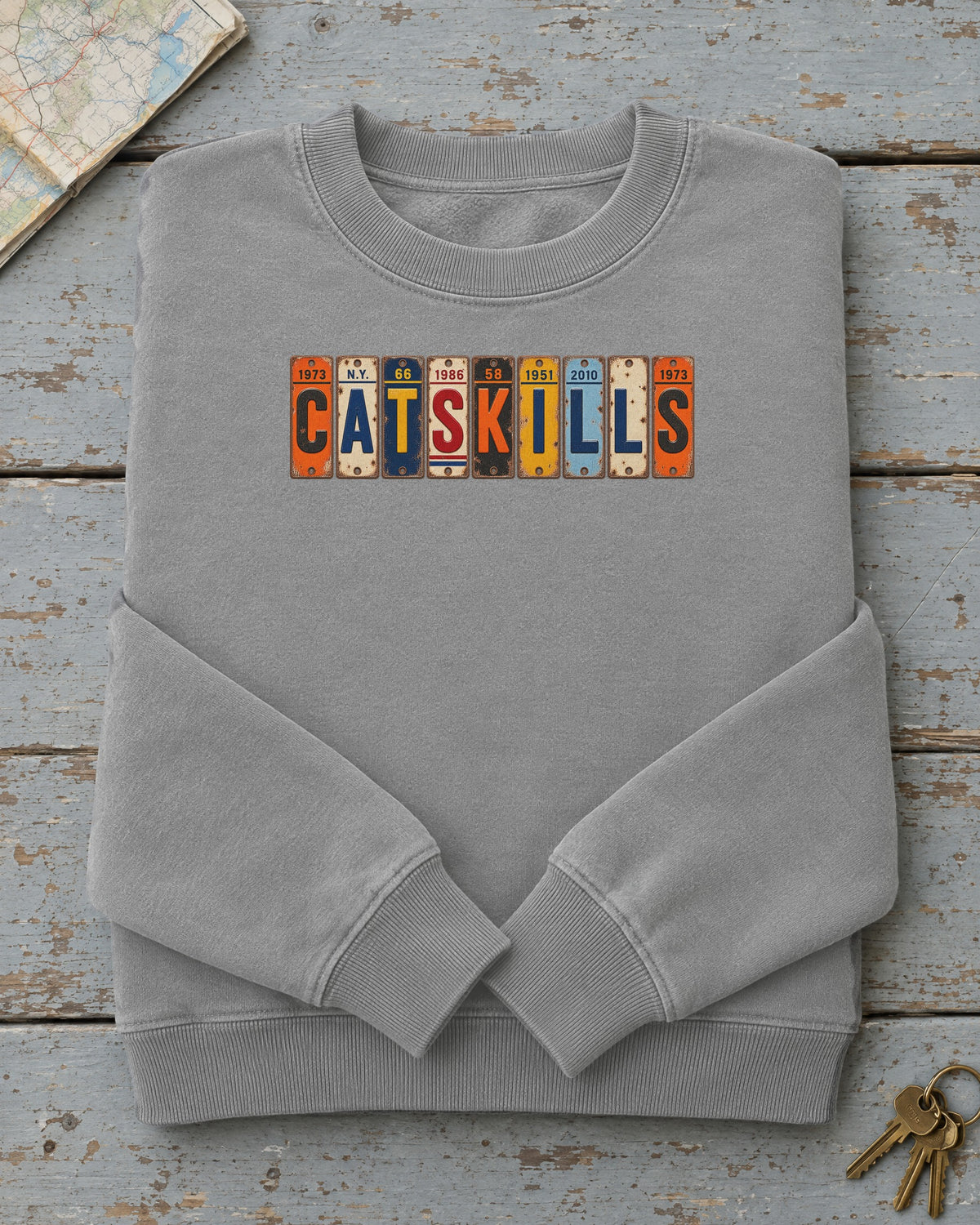 Catskills, New York vintage license plate sweatshirt in Grey