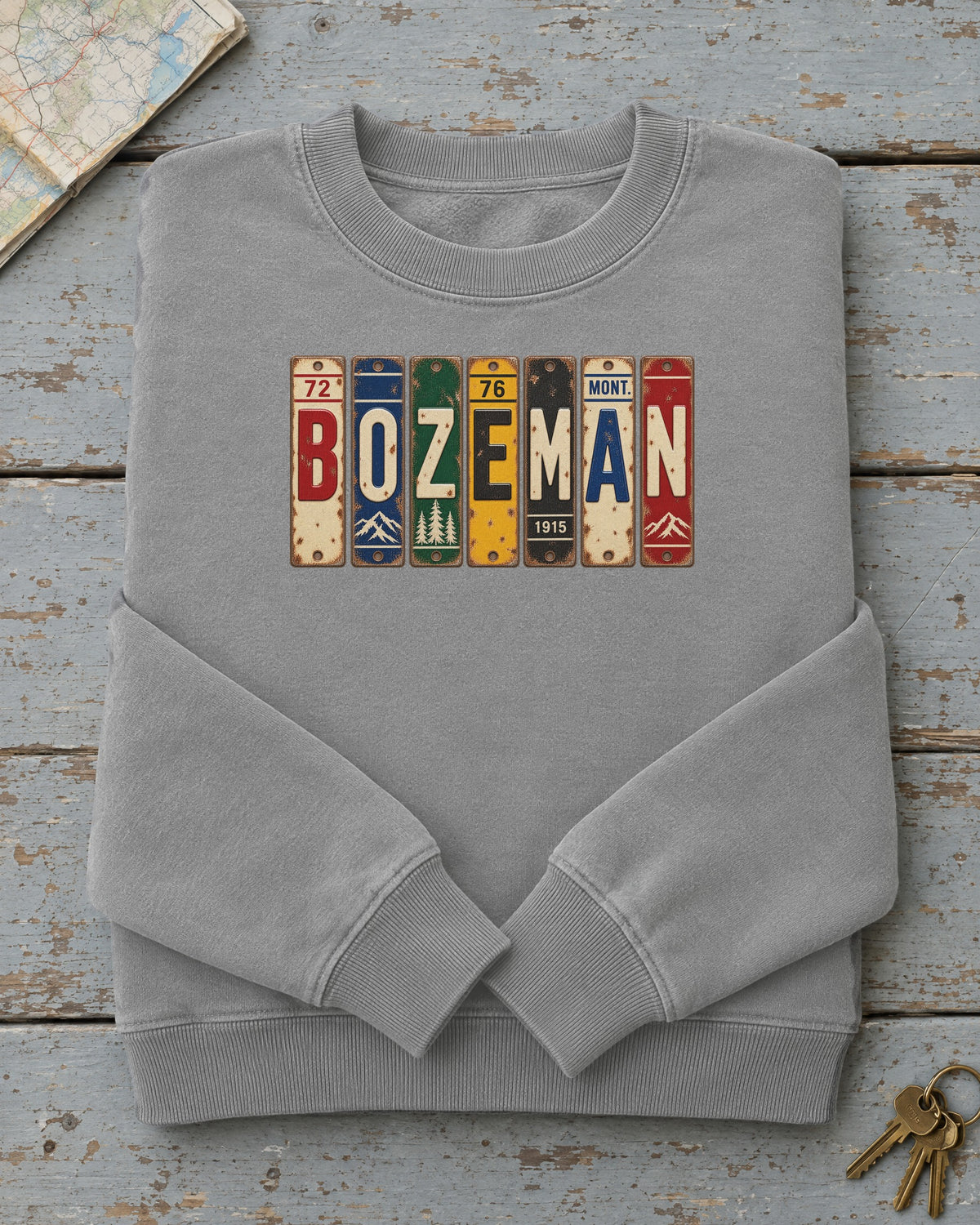 Bozeman, Montana vintage license plate sweatshirt in Grey