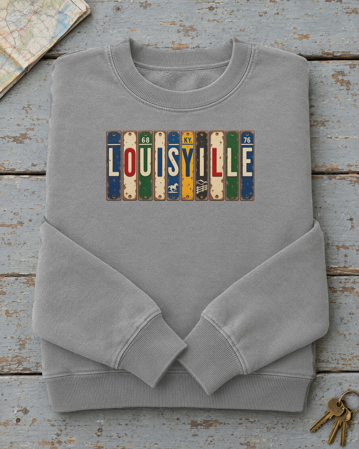 Louisville, Kentucky vintage license plate sweatshirt in Grey