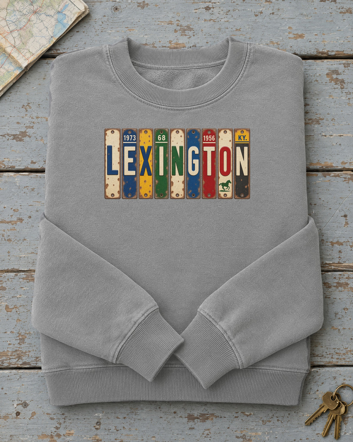 Lexington, Kentucky vintage license plate sweatshirt in Grey