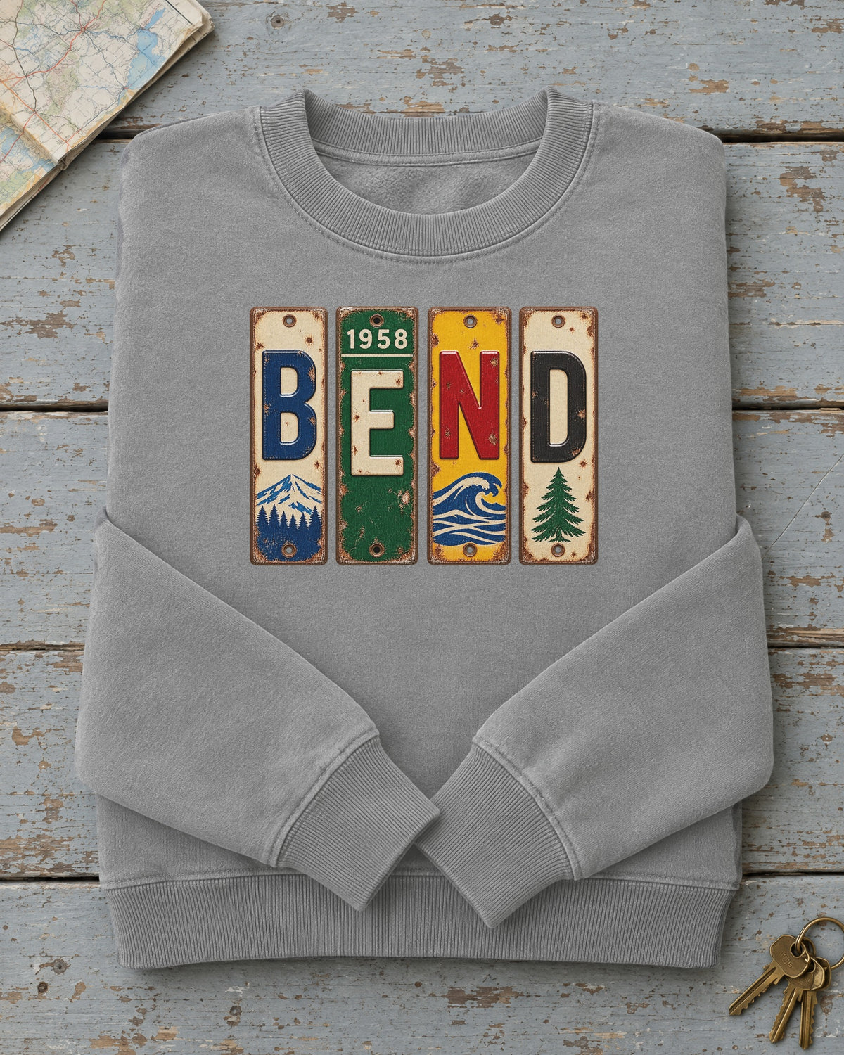 Bend, Oregon vintage license plate sweatshirt in Grey