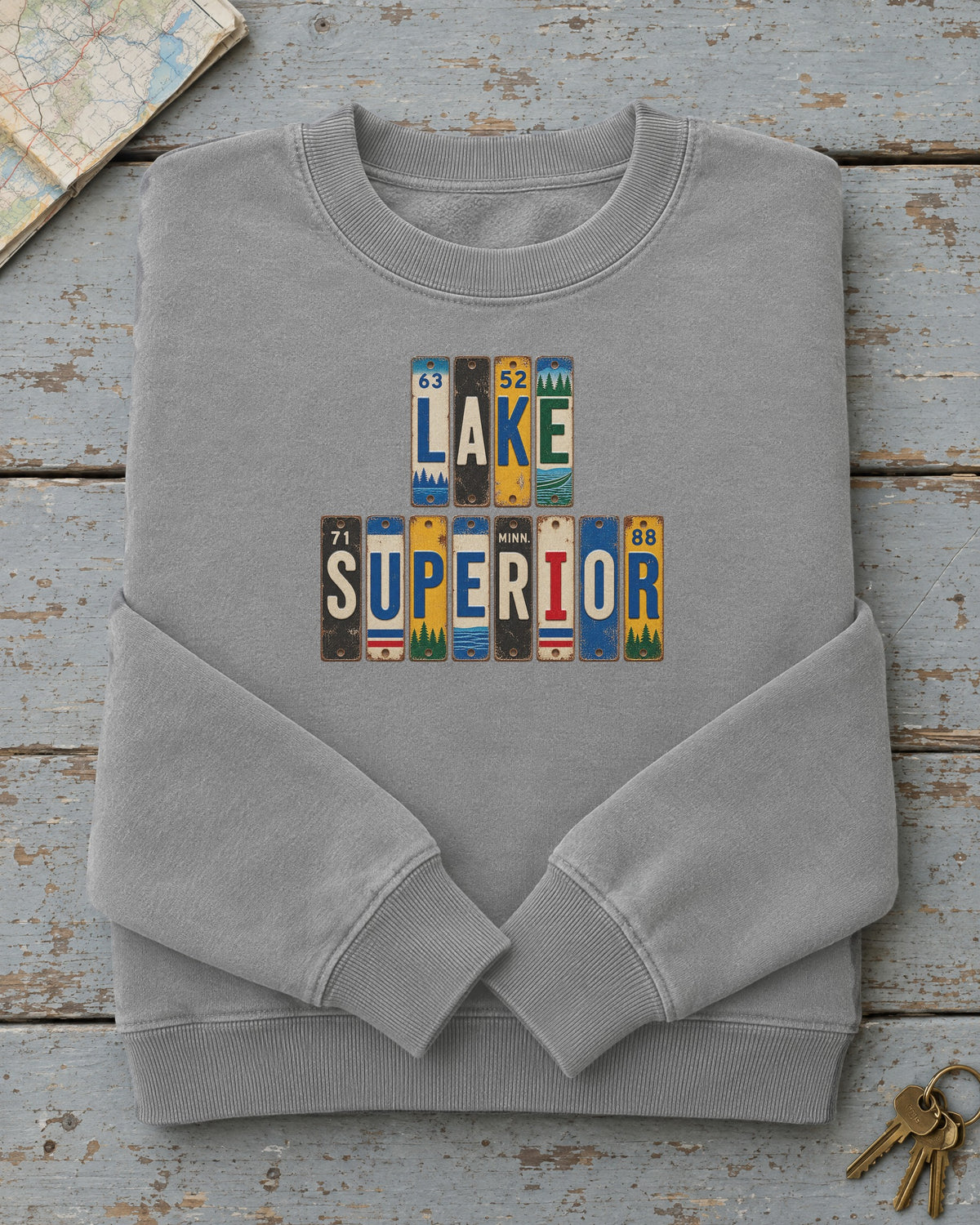 Lake Superior, Minnesota vintage license plate sweatshirt in Grey