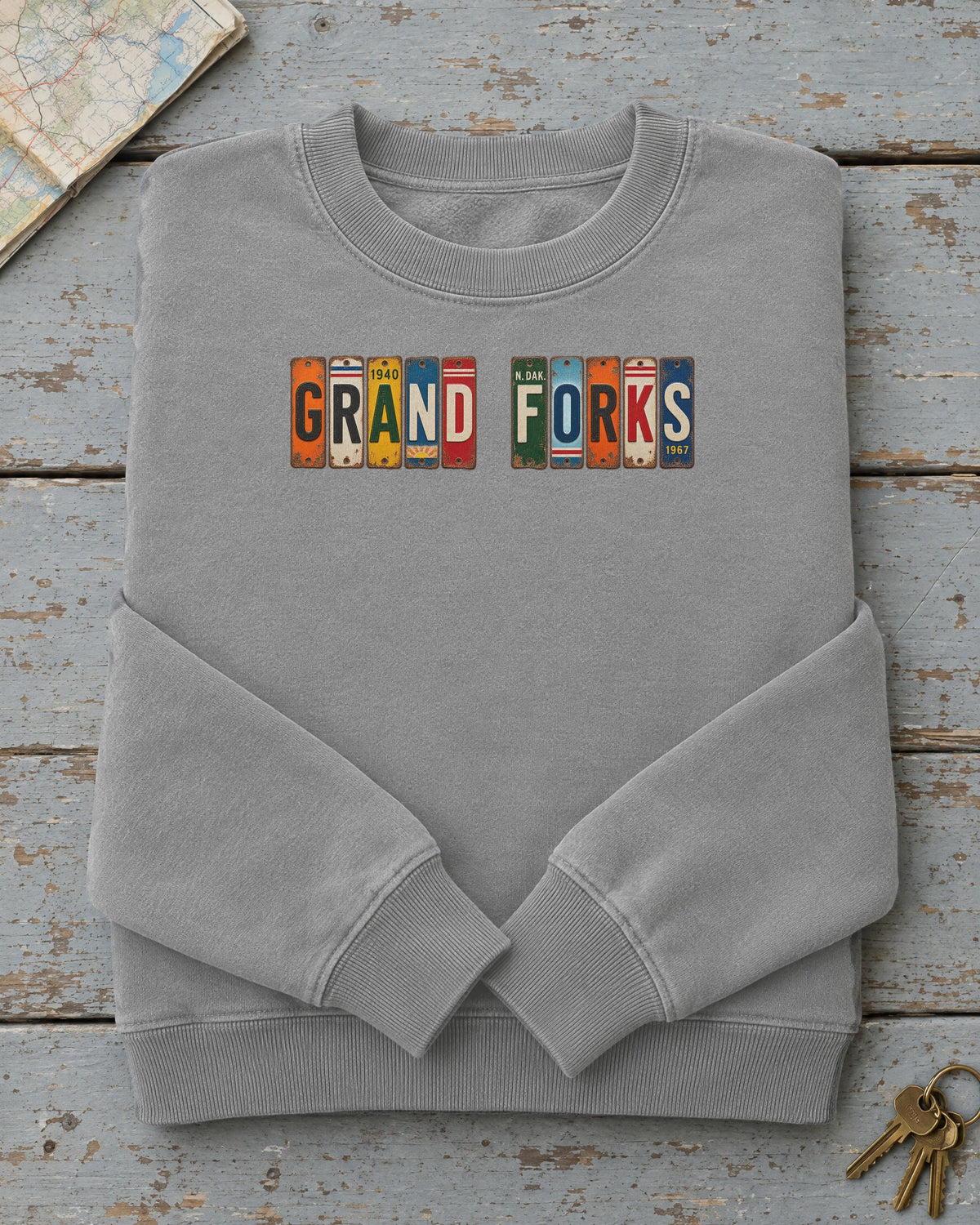Grand Forks, North Dakota vintage license plate sweatshirt in Grey